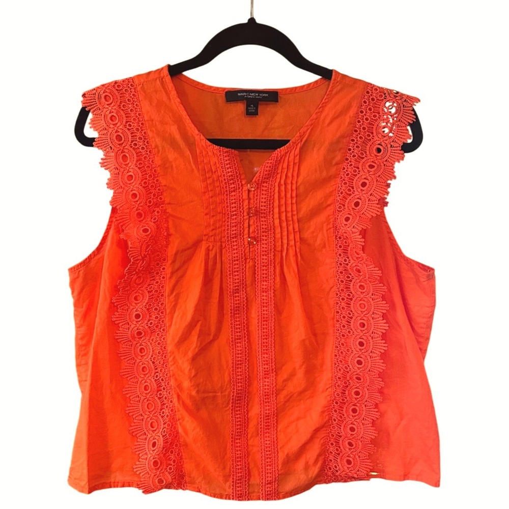 Marc New York Orange Cotton Lace Trim Pintuck Sleeveless Blouse XL